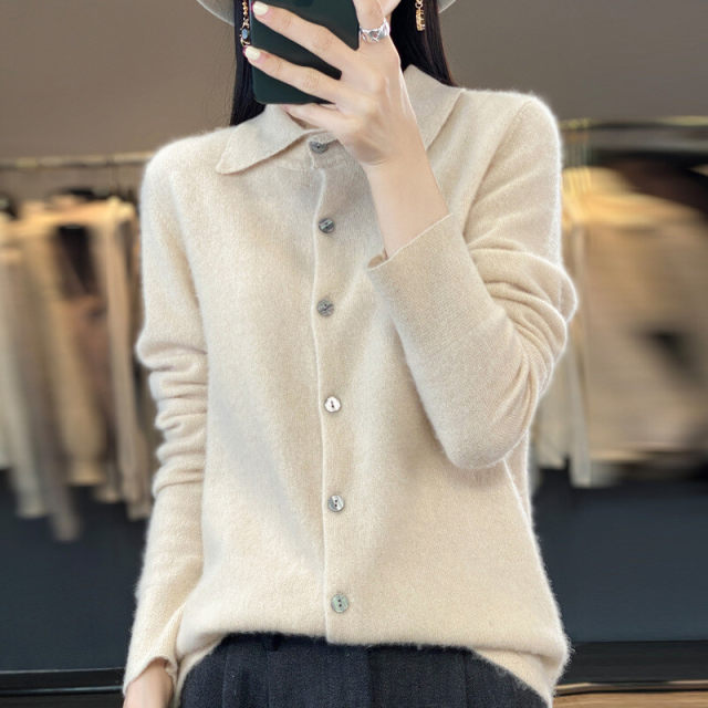 New spring polo collar sweater knitted cardigan for women's shirt short collar hot base shirt wear slim top
