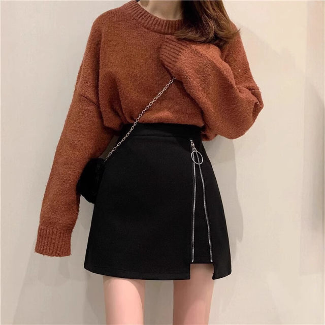 Black skirt autumn and winter large size women's high waist slim hip-packing one-step skirt fat mm versatile A-line zipper short skirt