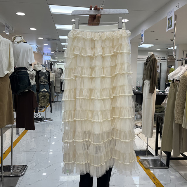 French super fairy flocked mesh cake skirt niche sweet contrast color layered ruffle high waist puffy long skirt