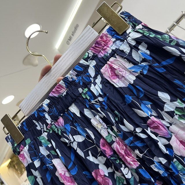 French romantic rose flower elastic waist skirt sweet temperament printed pocket press pleated long skirt umbrella skirt