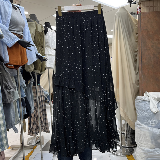 Retro polka dot chiffon ruffled skirt for women 2025 spring and summer new draped slim side slit A-line long skirt
