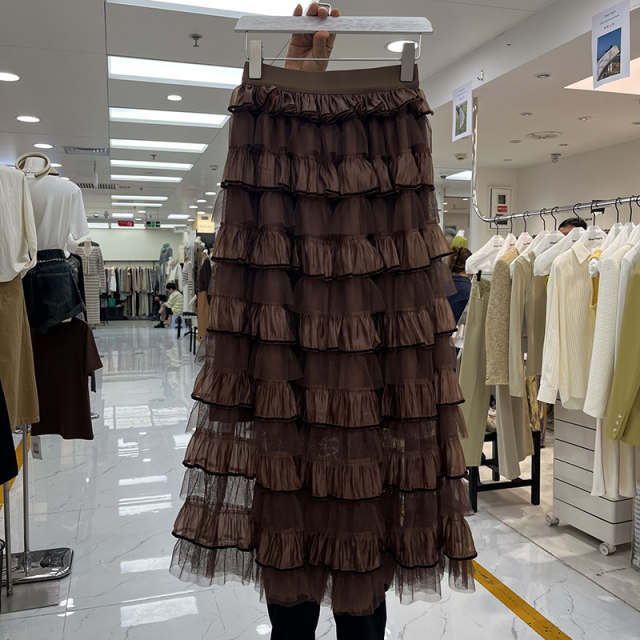 French super fairy flocked mesh cake skirt niche sweet contrast color layered ruffle high waist puffy long skirt