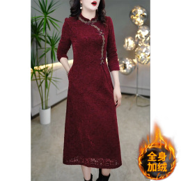 Lined and thick long-sleeved dress woman 2023 autumn and winter the new mother-in-law's temperament improved cheongsam dress