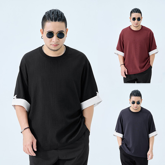 Half ink large size men's new Chinese short-sleeved T-shirt in summer thin loose fat man contrasting color spliced ​​numb five-point sleeves
