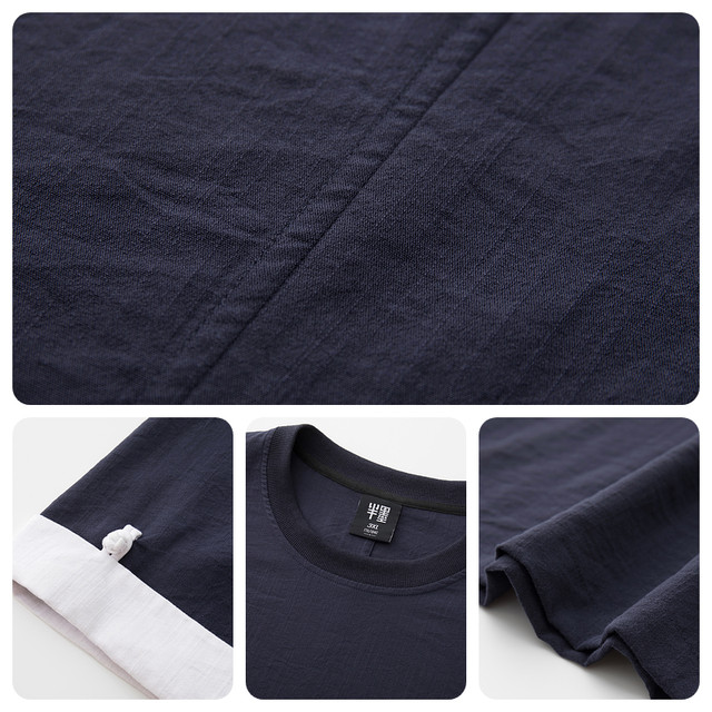 Half ink large size men's new Chinese short-sleeved T-shirt in summer thin loose fat man contrasting color spliced ​​numb five-point sleeves
