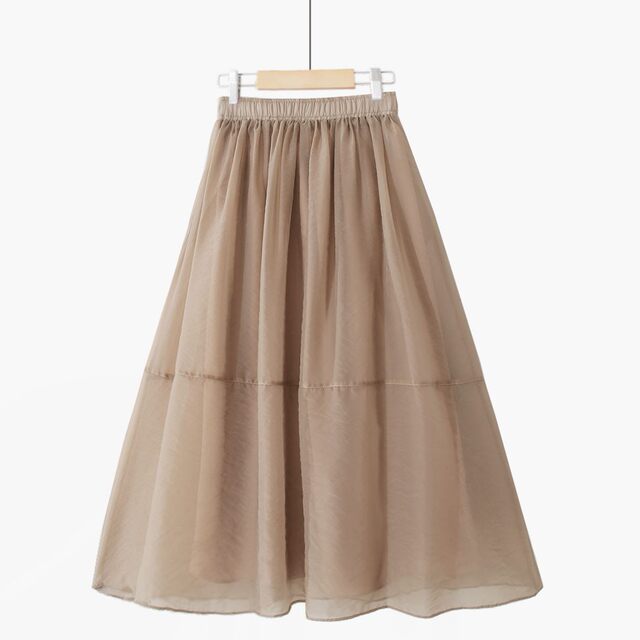 Spring solid color simple and versatile Organ yarn thin sweet pleated high waist pocket mesh mid-length slim skirt