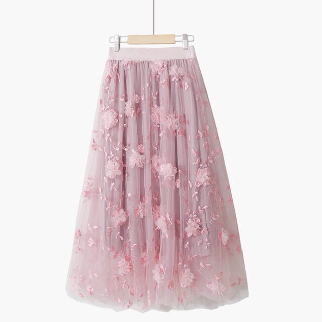 Spring embroidery black high waist solid color embroidered three-dimensional flower fairy a-line mesh sweet midi skirt
