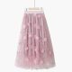 Spring embroidery black high waist solid color embroidered three-dimensional flower fairy a-line mesh sweet midi skirt
