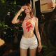 
Pink sweet and spicy cartoon rabbit printed round neck slim and versatile sexy short-sleeved shoulder T-shirt women's dopamine top