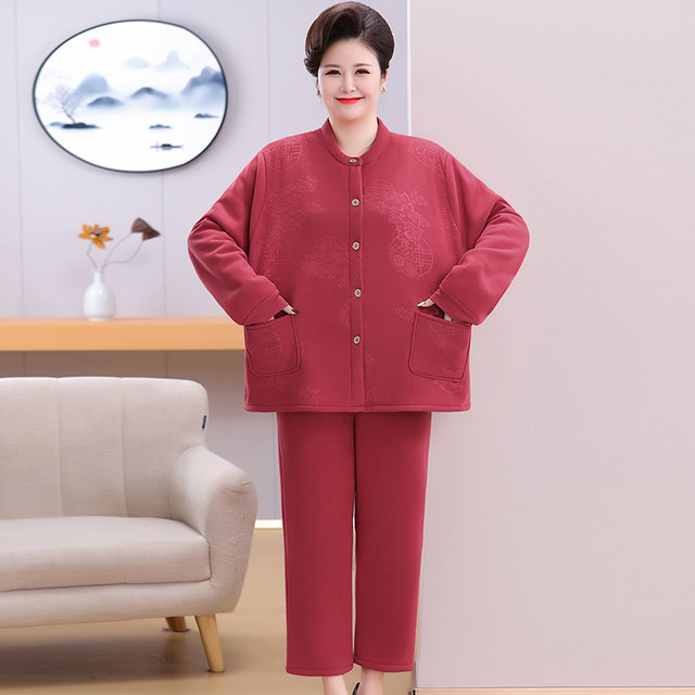 Large size thermal underwear set for middle-aged and elderly women plus velvet thickened pajamas fat mother grandma home clothes two-piece set