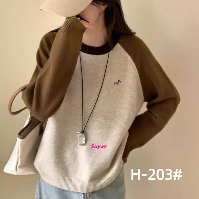 Contrast color round neck pullover rainbow horse embroidery sweater Korean style fashionable color raglan sleeve college style age-reducing thread shirt