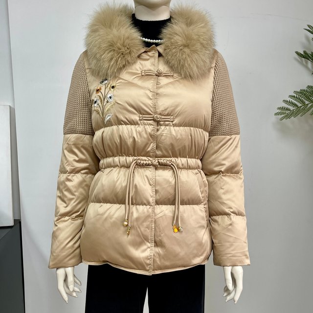 Middle-aged mother fox big fur collar down jacket women winter new middle-aged and elderly embroidered waist warm cotton jacket
