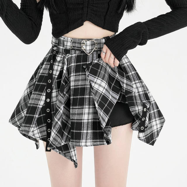 Retro old hot girl pleated skirt for women in autumn and winter irregular contrasting color plaid A-line skirt anti-exposure skirt pants