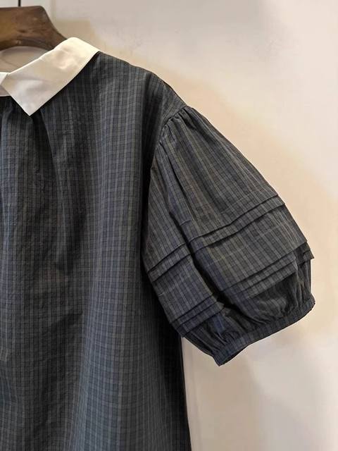 Spring and summer large size retro plaid POLO collar shirt fat MM300Jin [Jin equals 0.5 kg] slimming and age-reducing puff sleeve doll shirt top
