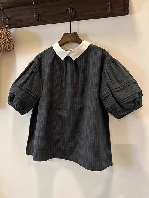 Spring and summer large size retro plaid POLO collar shirt fat MM300Jin [Jin equals 0.5 kg] slimming and age-reducing puff sleeve doll shirt top
