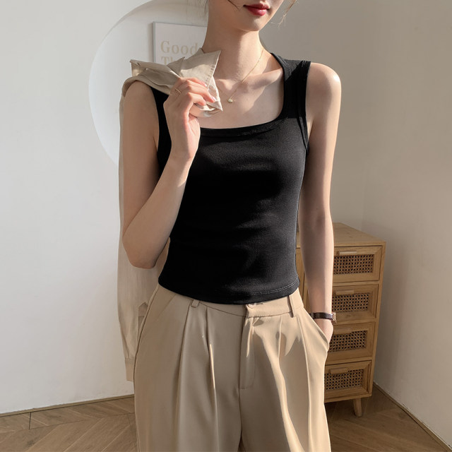 Black square collar suspender vest for women 2025 new summer wear wide shoulder straps cotton bottom sleeveless top