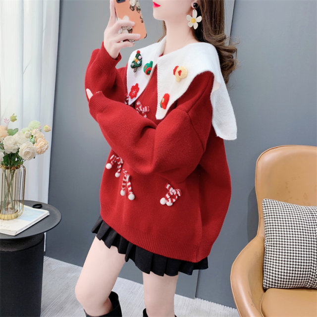 Sweet and gentle style Christmas red doll collar sweater for women in autumn and winter 2023 new Korean style top