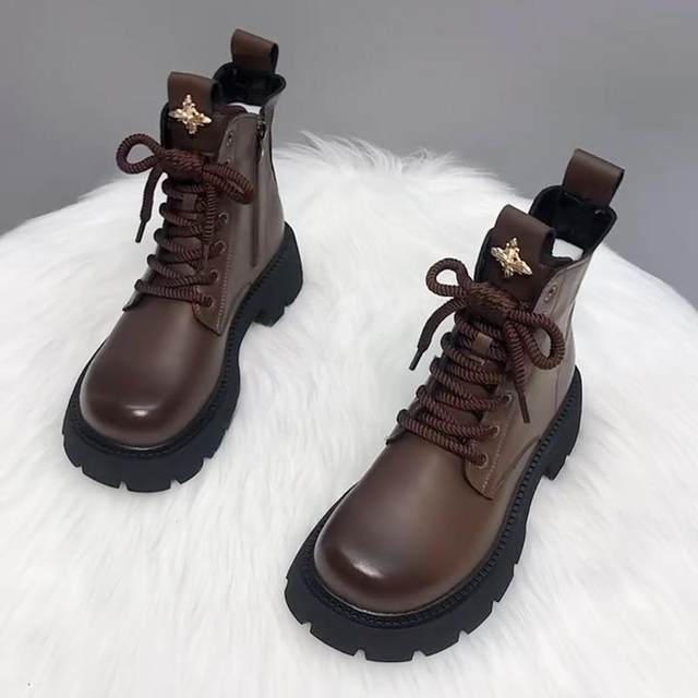 Genuine leather thick-soled Martin boots for women 2025 autumn and winter new style plus velvet to keep warm British style versatile internet celebrity popular short boots