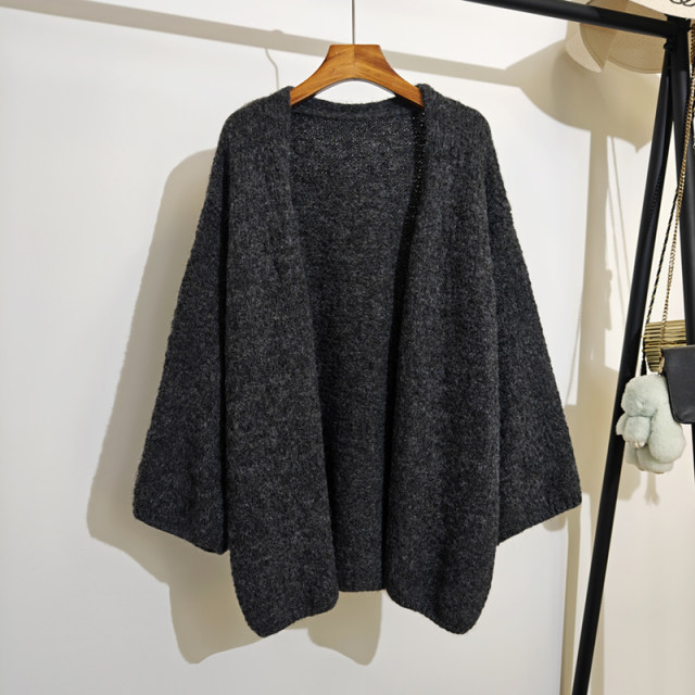 Lazy style knitted cardigan for women in autumn and winter new loose v-neck large size fashionable solid color versatile soft sweater jacket
