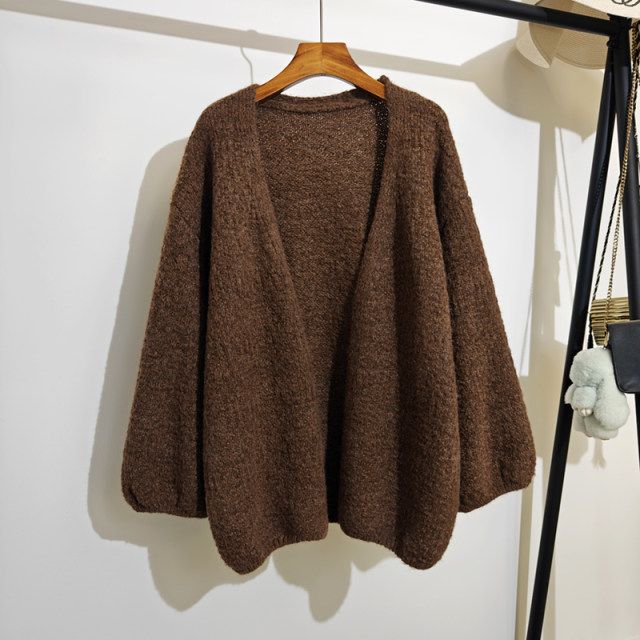 Lazy style knitted cardigan for women in autumn and winter new loose v-neck large size fashionable solid color versatile soft sweater jacket
