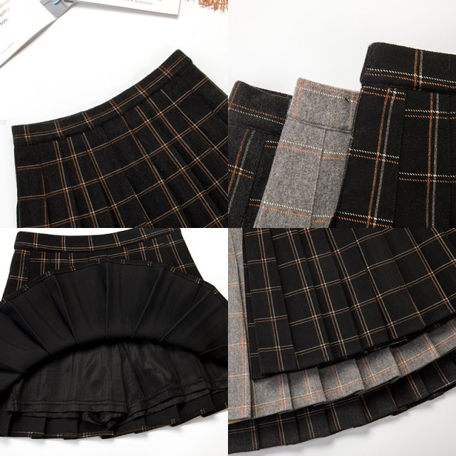 Pleated skirt female autumn and winter hair grid skirt high waist tight large size A -line skirt Short models thin winter skirt
