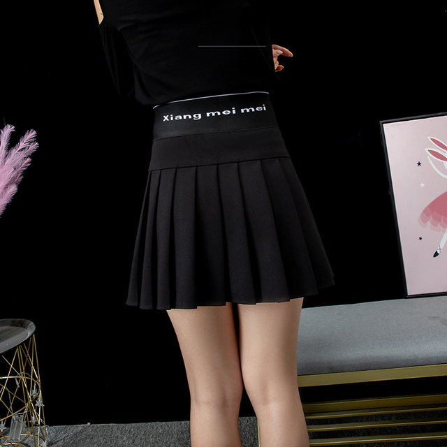 High -waisted pleated skirt Female A -character is thin autumn and winter elastic loose short skirt Black umbrella skirt design feels letters