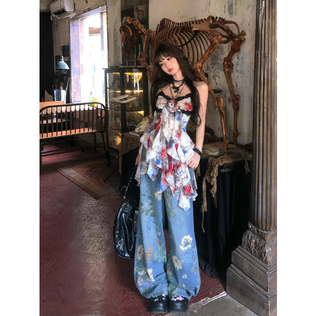 Nanlixiang oil painting art % suspender vest for women in summer sleeveless slim design irregular lace top