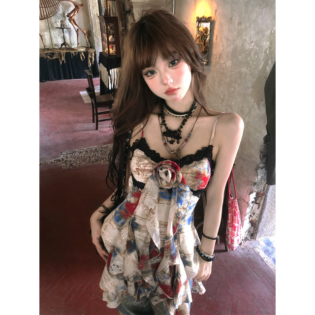 Nanlixiang oil painting art % suspender vest for women in summer sleeveless slim design irregular lace top