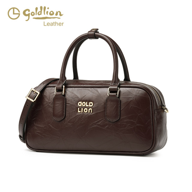 Goldlion 2025 Spring New Niche Design Portable Boston Pillow Bag Fashionable Genuine Leather Shoulder Crossbody Bag