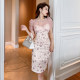 Sexy mesh strapless dress for women's summer 2024 new round neck waist-hugging floral skirt
