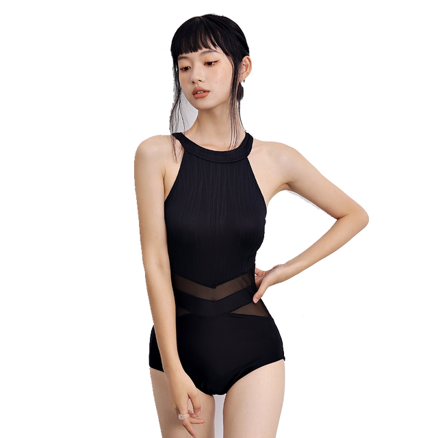 Aimuhu black triangular one-piece swimsuit female slim and covers belly ins conservative small chest hot spring swimming suit
