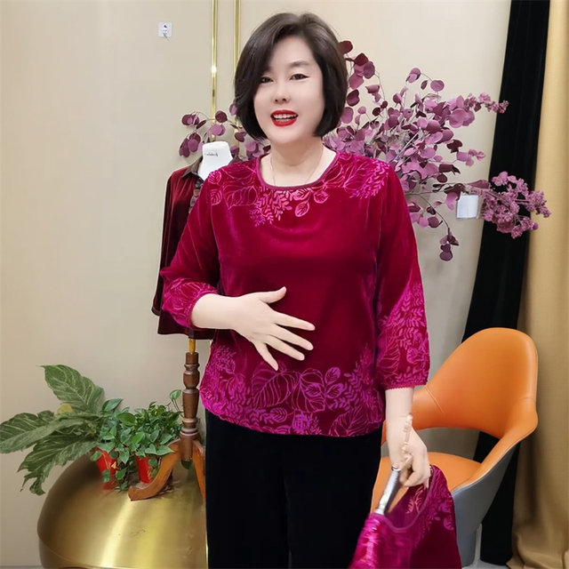 High-end spring and autumn velvet young mother dress loose top flocking and burning flowers to cover flesh to make her look slim and elegant bottoming shirt
