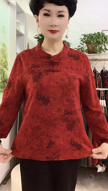 Spring new age reduction, loose belly, loose, thin cheongsam shirt, floral long -sleeved large size mother plate buckle bottom shirt