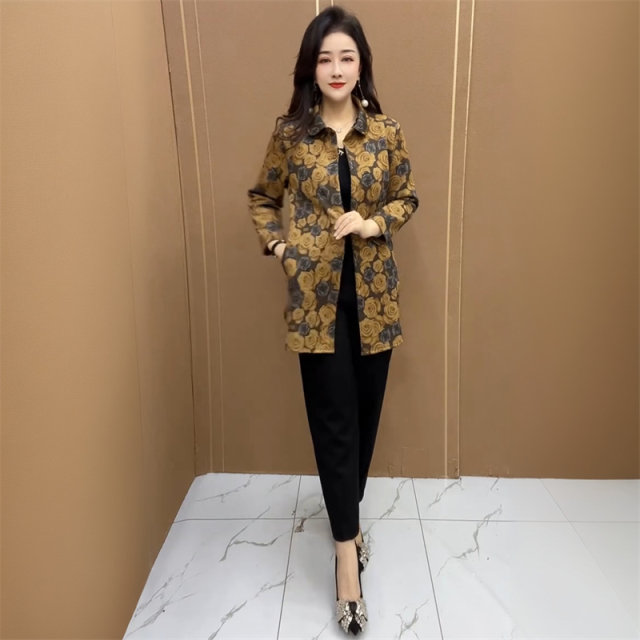 Spring and Autumn loose casual air cotton fashionable mid-length shirt large size loose floral elastic windbreaker jacket
