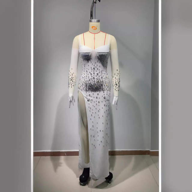 Independent Station Amazon Hot Sale White Diamond Sling Long Skirt Sexy Slit Cocktail Party Evening Dress
