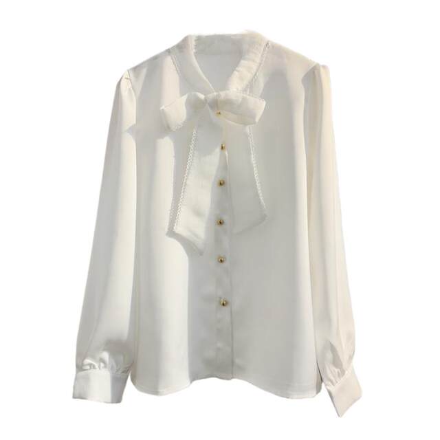 White lace-up bow satin shirt women's long-sleeved spring commuting shirt age-reducing temperament shirt top