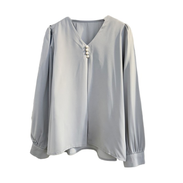 High-end gray beaded V-neck satin shirt for women 2025 spring temperament commuting long-sleeved shirt drooping top