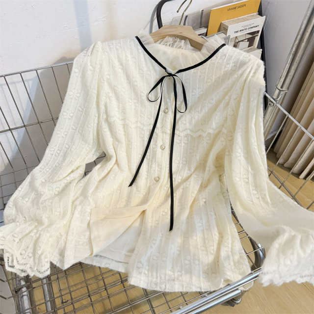 French sweet lace tied fungus stand-alone lace shirt for women in autumn and winter plus velvet thickened temperament bottoming shirt top apricot