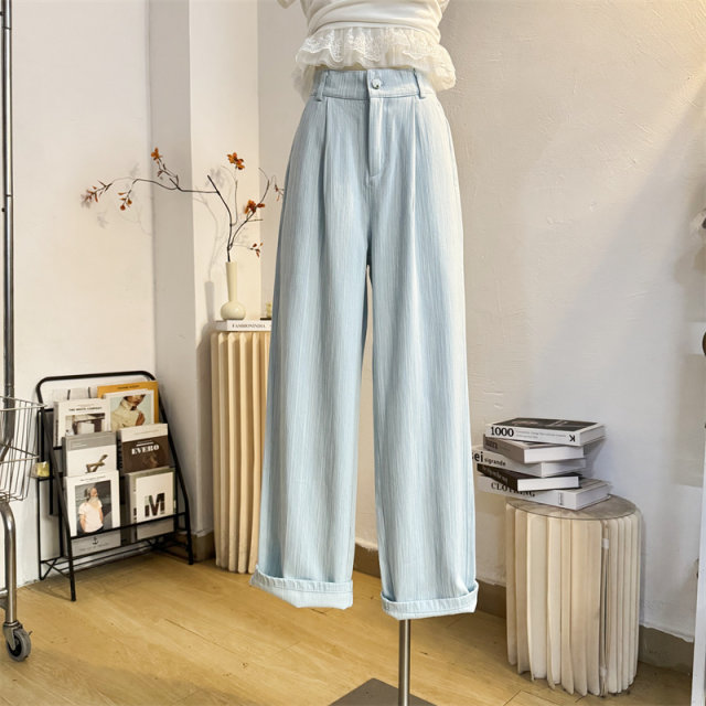Light blue striped jeans texture straight-leg casual pants for women in spring and summer loose high waist narrow wide-leg floor pants