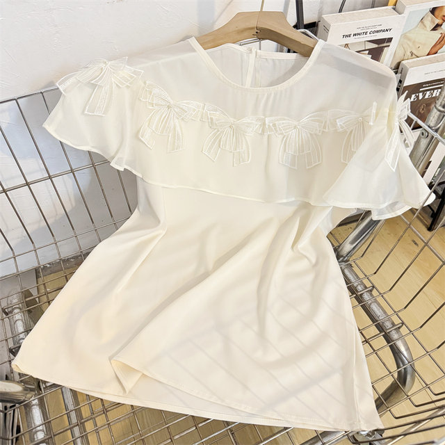 Spliced ​​French round neck short-sleeved shirt for women 2025 summer bow design niche chiffon shirt top