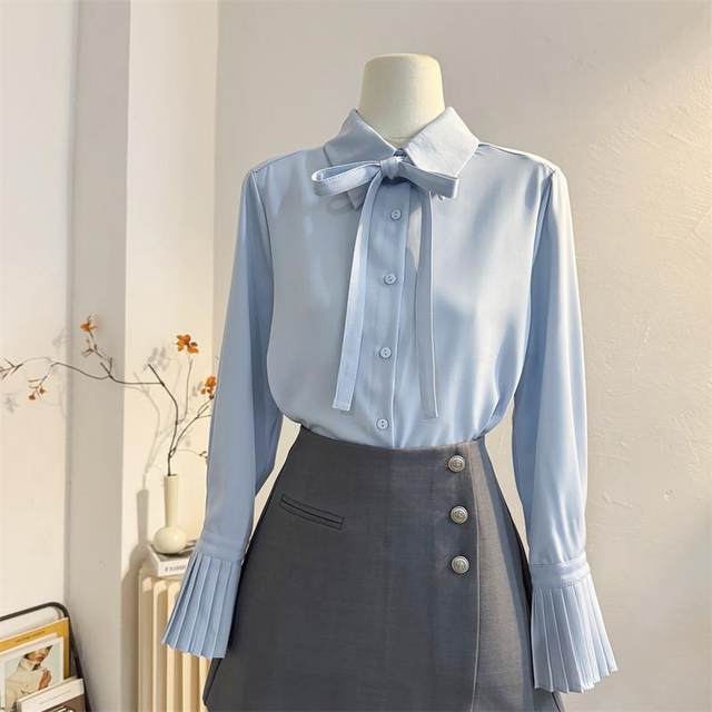 Blue organ trumpet long sleeve bow shirt for women 2025 spring French temperament streamer shirt commuting top
