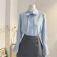 Blue organ trumpet long sleeve bow shirt for women 2025 spring French temperament streamer shirt commuting top
