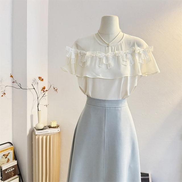 Spliced ​​French round neck short-sleeved shirt for women 2025 summer bow design niche chiffon shirt top