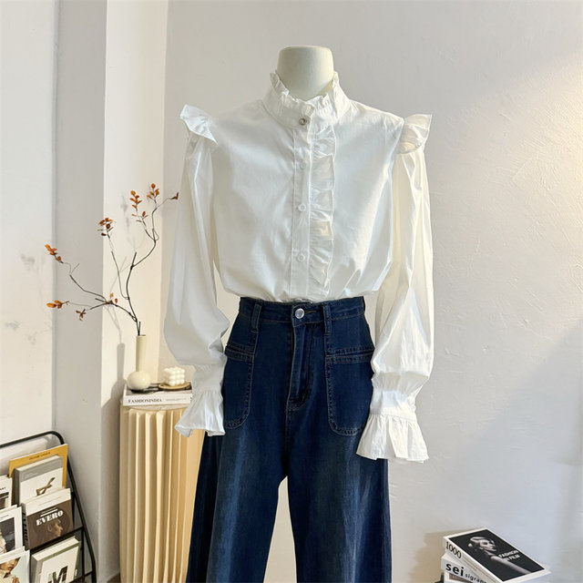 White fungus lace stand-up collar long-sleeved shirt for women 2025 spring design layered shirt sweet temperament top