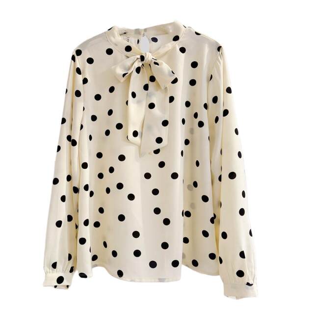 Lace-up bow polka dot chiffon shirt for women 2025 spring new French temperament polka dot printed long-sleeved shirt top