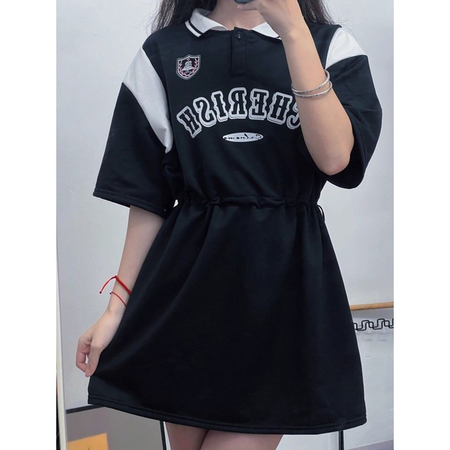 Polo neck summer new short-sleeved dress for women's college style two-wear T-shirt skirt can be slid and casual loose A-line skirt