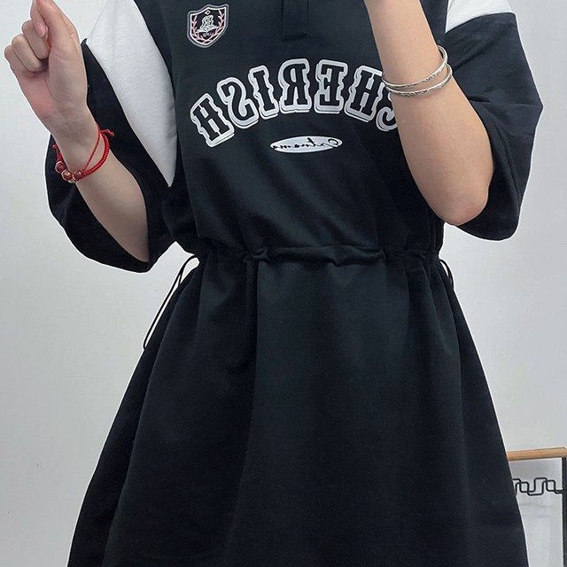 Polo neck summer new short-sleeved dress for women's college style two-wear T-shirt skirt can be slid and casual loose A-line skirt