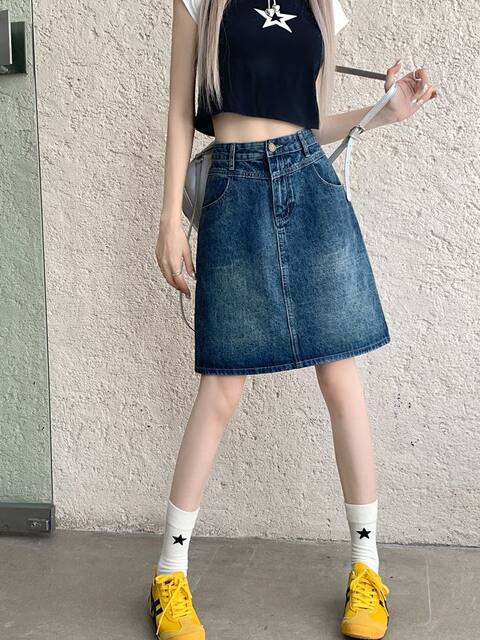 Large size retro high waist A-line denim skirt for women in summer new style fat girl high waist belly-covering and slimming midi skirt