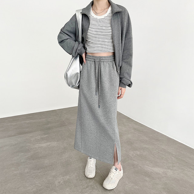 Gray skirt for women 2025 new spring and autumn high waist A-line hip midi skirt tensile straight slit sweat skirt