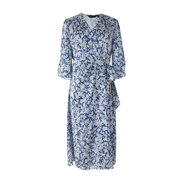 Manhaf brand women's 25-quarter sleeve printed dress V-neck waist-hugging temperament elegant mid-length skirt tea break skirt
